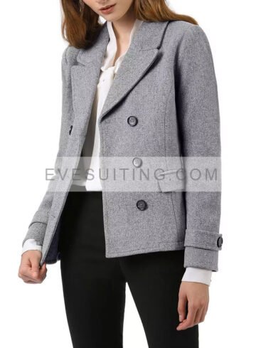 Double Breasted Gray Wool Peacoat For Women's