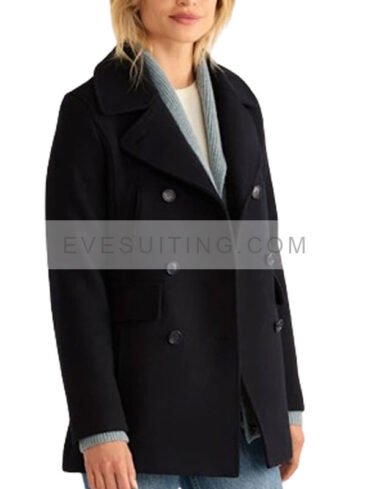 Double Breasted Navy Blue Wool Peacoat For Women's