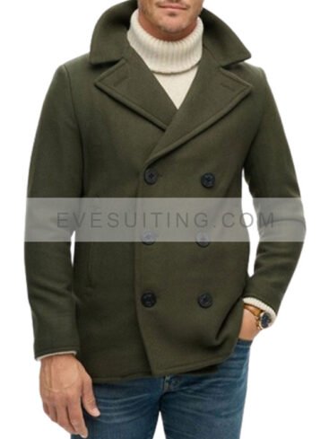 Double Breasted Wool Green Peacoat For Men's