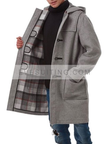 Grey Wool Classic Fit Duffle Coat For Men's