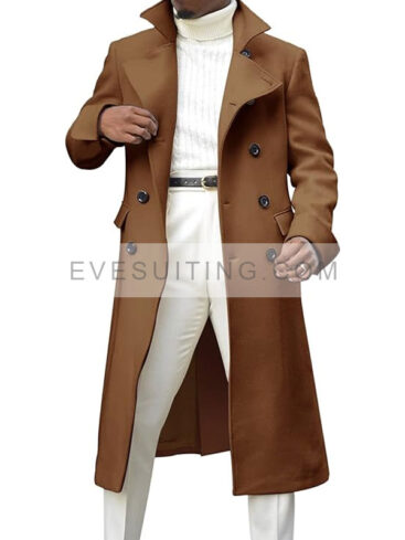 Men's Double Breasted Brown Wool Trench Long Coat