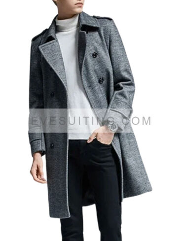 Men's Double Breasted Herringbone Gray Wool Trench Coat