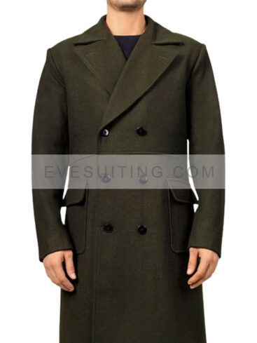 Men's Double Breasted Modern Fit Military Green Trench Wool Coat