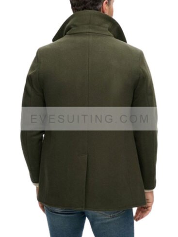 Men's Double Breasted Wool Green Peacoat