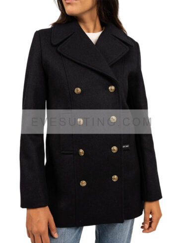 Navy Blue Double Breasted Wool Peacoat For Women's