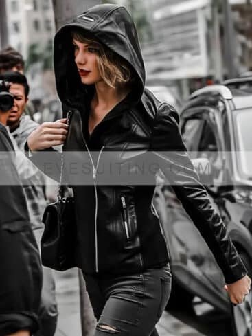 Taylor Swift Black Leather Hooded Jacket