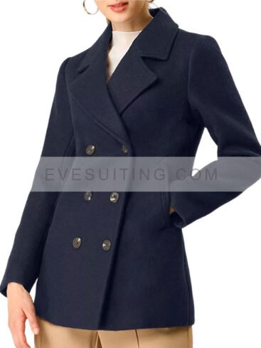 Women's Double-Breasted Wool Coat in Navy Blue