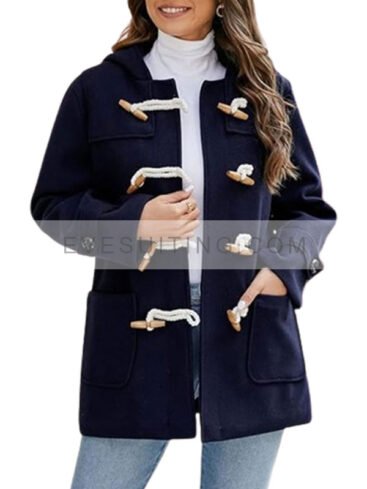 Women's Navy Blue Toggle Duffle Wool Coat With Hood