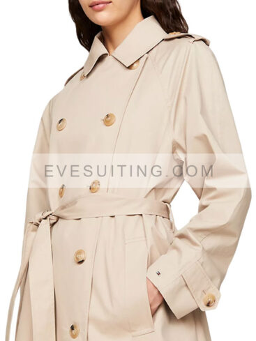 Beige Double Breasted Trench Cotton Coat For Women's