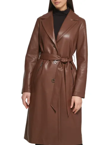 Belted Leather Shawl Style Trench Coat For Women's