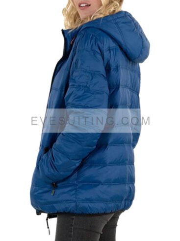 Blue Puffer Hooded Zipper Jacket For Women's