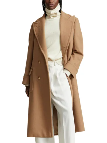 Camel Brown Wool Polo Coat For Women's 