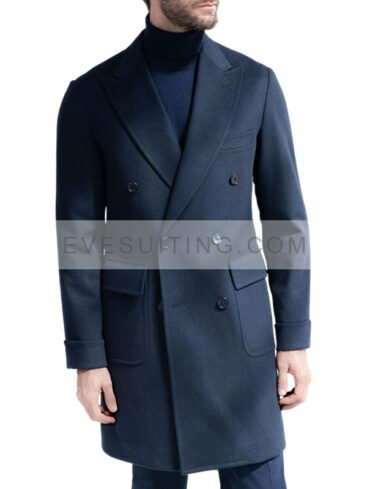 Double Breasted Blue Wool Polo Coat For Men's