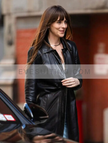 Lucy Movie Materialists 2024 Dakota Johnson Black Leather Coat