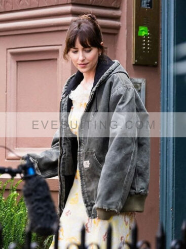 Lucy Movie Materialists 2024 Dakota Johnson Grey Hooded Jacket