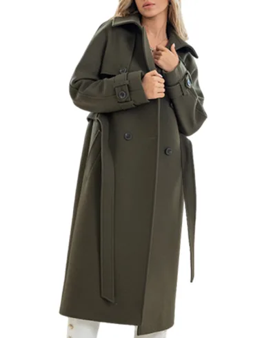 Olive Green Double Breasted Belted Trench Wool Coat For Women's