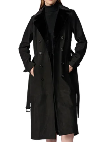 Women's Black Shearling Leather Trench Coat