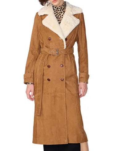 Women's Suede Leather Brown Shearling Collar Coat