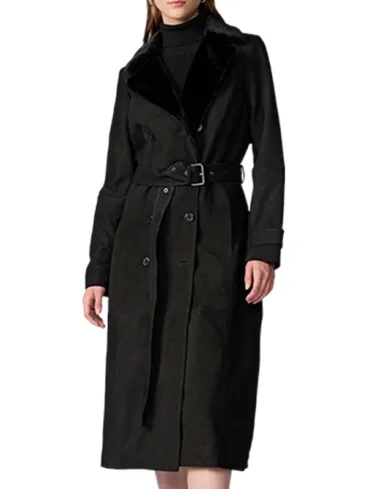 Women's Suede Shearling Black Leather Trench Coat