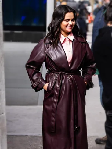 Mabel Mora Only Murders In The Building S03 Selena Gomez Burgundy Leather Trench Coat