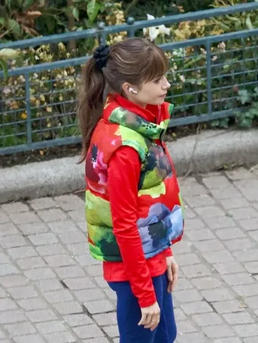 Lily Collins Emily In Paris S04 Emily Cooper Red Printed Puffer Vest