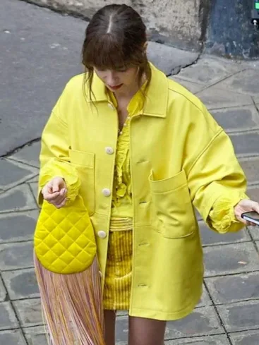 Lily Collins Emily In Paris S04 Emily Cooper Yellow Leather Jacket