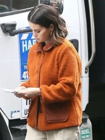 Selena Gomez Only Murders In the Building S02 Mabel Mora Orange Shearling Jacket