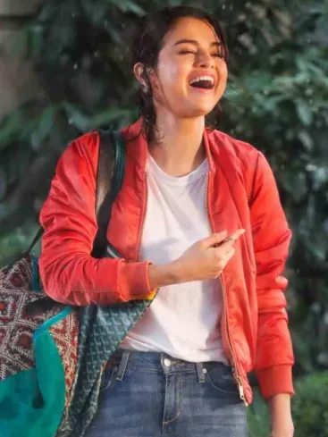 A Rainy Day In New York Selena Gomez Red Bomber Jacket