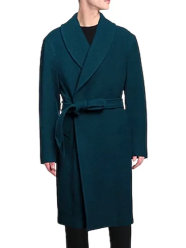 Blue Wool Shawl Style Wrap Coat For Men's