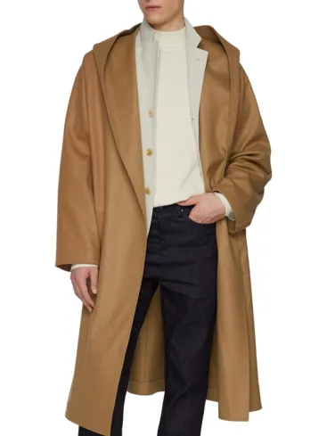 Camel Wool Hooded Wrap Coat For Men's