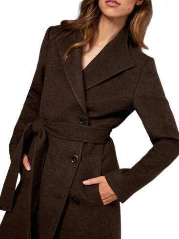 Dark Brown Wool Belted Wrap Coat For Women's