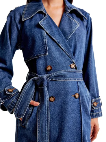 Double-Breasted Belted Denim Trench Coat For Women