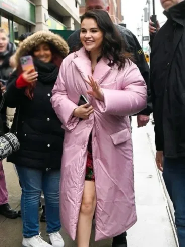 Selena Gomez Only Murders in the Building Mabel Mora Pink Puffer Trench Coat