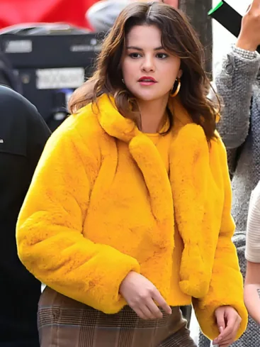 Selena Gomez Yellow Fur Jacket