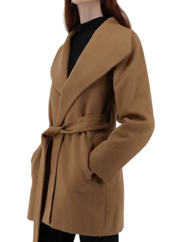 Wide Lapel Collar Camel Wrap Coat For Women's