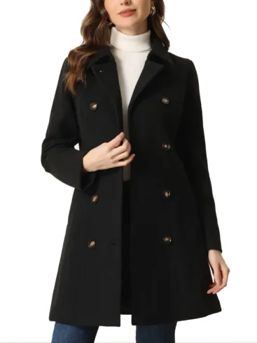 Double Breasted Black Wool Belted Long Peacoat For Women 