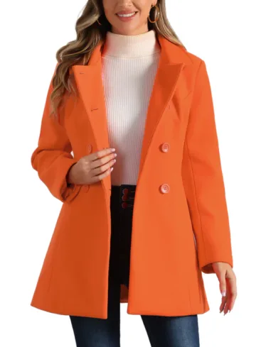 Double Breasted Peter Pan Collar Orange Wool Peacoat For Women