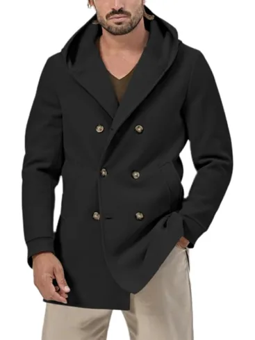 Men's Black Wool Hooded Peacoat