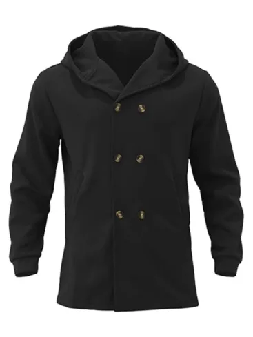 Men's Double Breasted Black Wool Hooded Peacoat