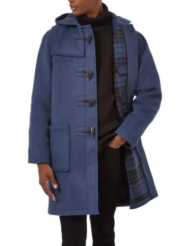 Royal Blue Wool Hooded Duffle Coat For Men