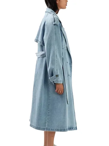 Women's Belted Double Breasted Light Blue Denim Trench Coat