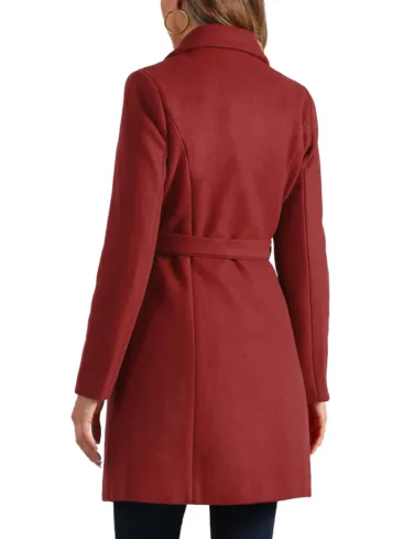 Women's Belted Red Wool Long Peacoat