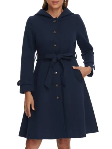 Women's Blue Wool Hooded Long Peacoat