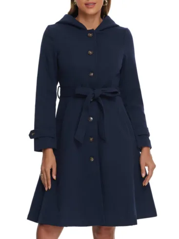 Women's Blue Wool Hooded Peacoat