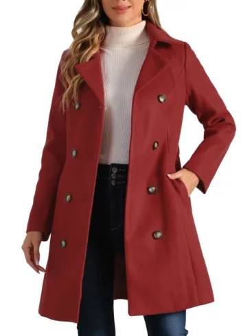 Women's Double Breasted Belted Red Wool Long Peacoat