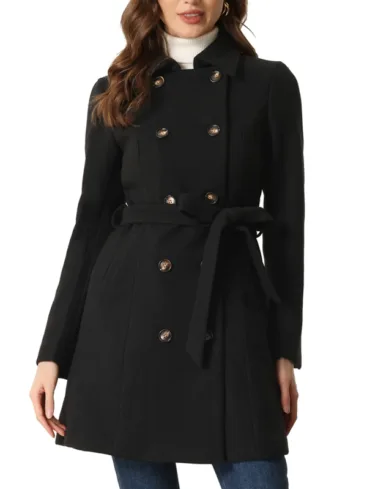 Women's Double Breasted Black Long Peacoat