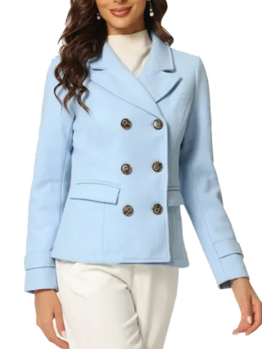 Women's Double Breasted Light Blue Wool Peacoat