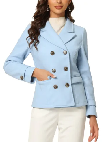 Women's Double Breasted Light Blue Wool Short Peacoat