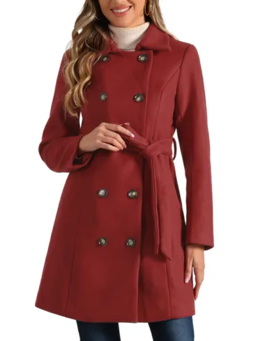 Women's Double Breasted Red Wool Long Peacoat