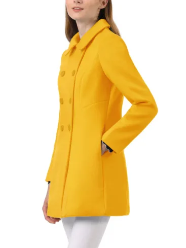 Women's Double Breasted Yellow Wool Winter Long Peacoat